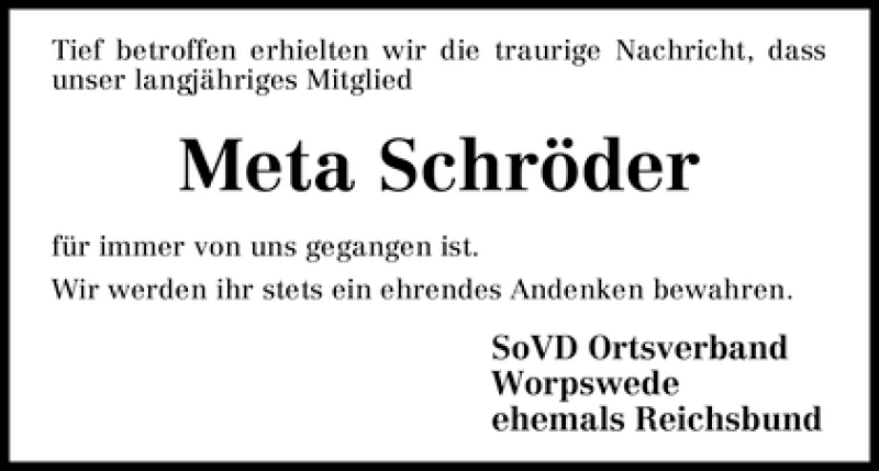 Traueranzeige von Meta Schröder von WESER-KURIER