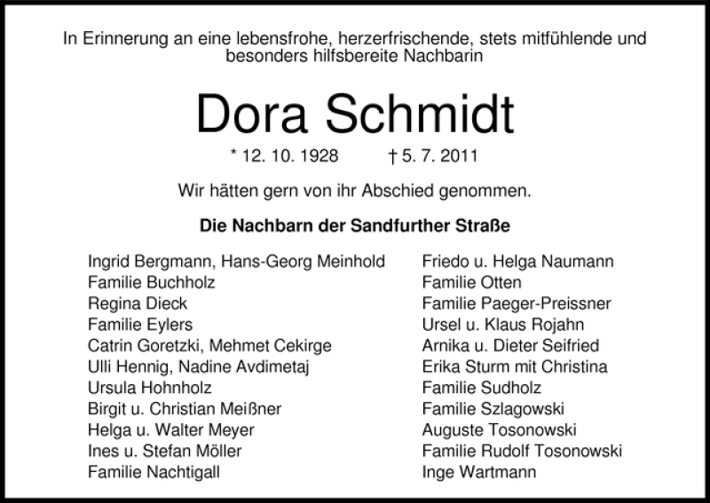  Traueranzeige für Dora Schmidt vom 28.07.2011 aus WESER-KURIER