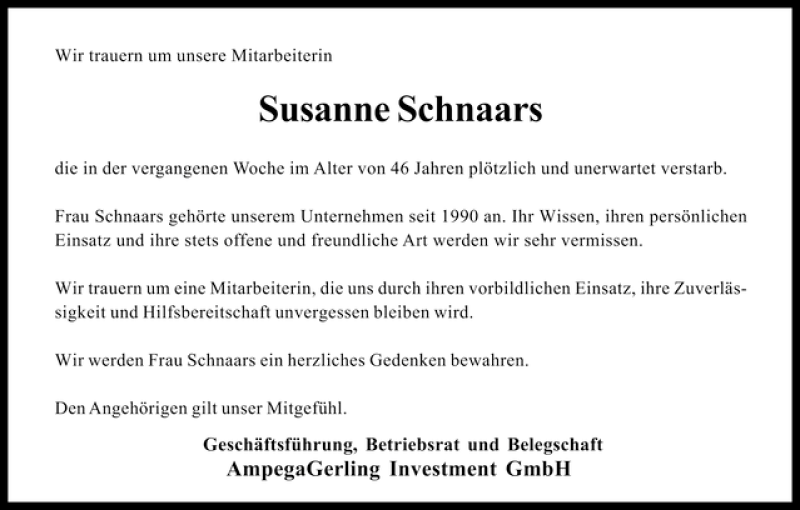 Traueranzeige von Susanne Schnaars von WESER-KURIER