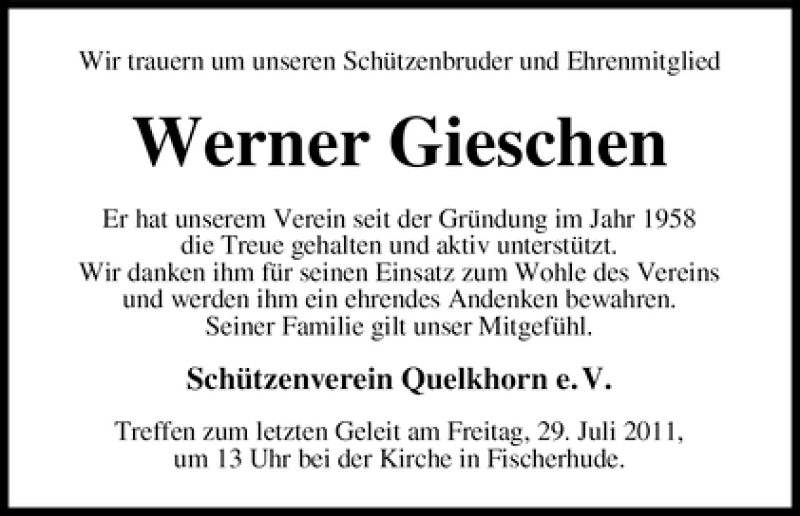 Traueranzeige von Werner Gieschen von WESER-KURIER