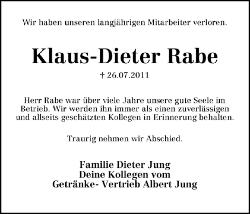 Traueranzeige von Klaus-Dieter Rabe von WESER-KURIER