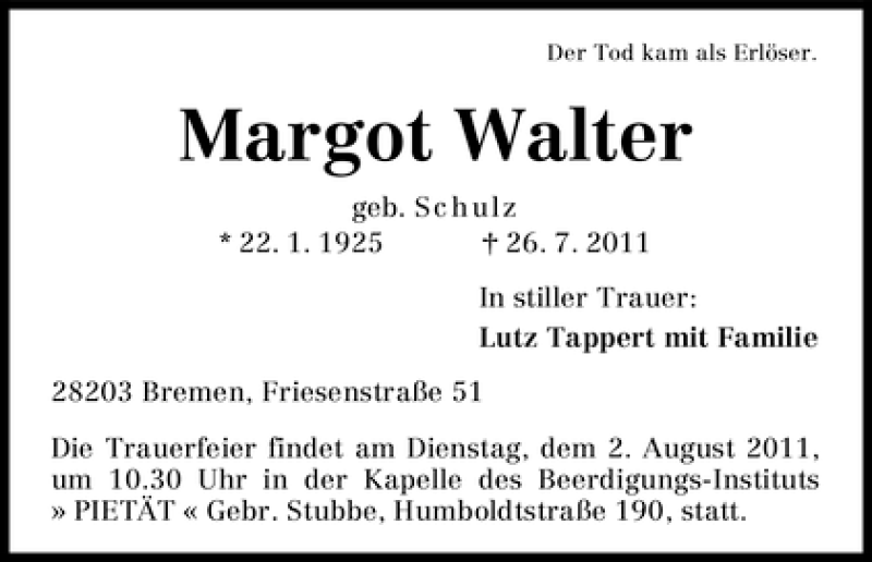 Traueranzeige von Margot Walter von WESER-KURIER