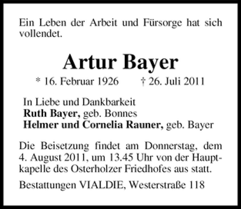  Traueranzeige für Artur Bayer vom 30.07.2011 aus WESER-KURIER