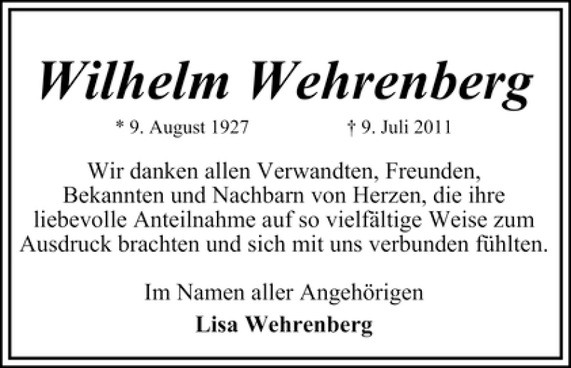Traueranzeige von Wilhelm Wehrenberg von WESER-KURIER
