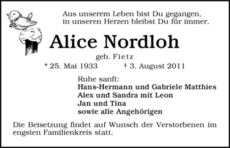  Traueranzeige für Alice Nordloh vom 06.08.2011 aus WESER-KURIER