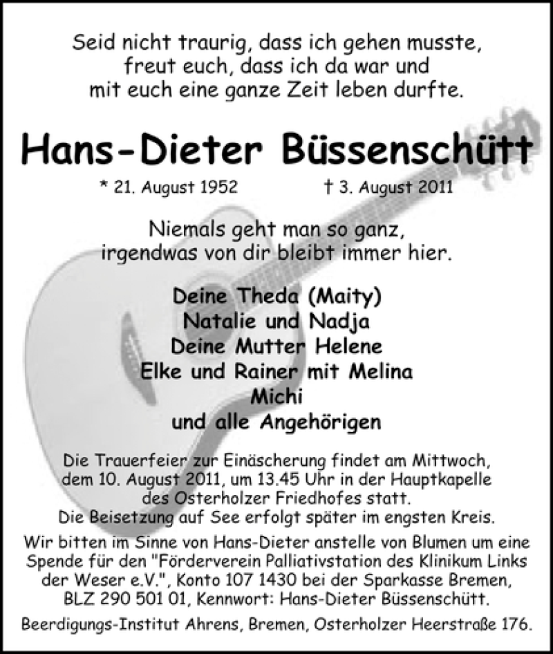  Traueranzeige für Hans-Dieter Büssenschütt vom 06.08.2011 aus WESER-KURIER