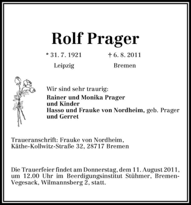  Traueranzeige für Rolf Prager vom 09.08.2011 aus WESER-KURIER