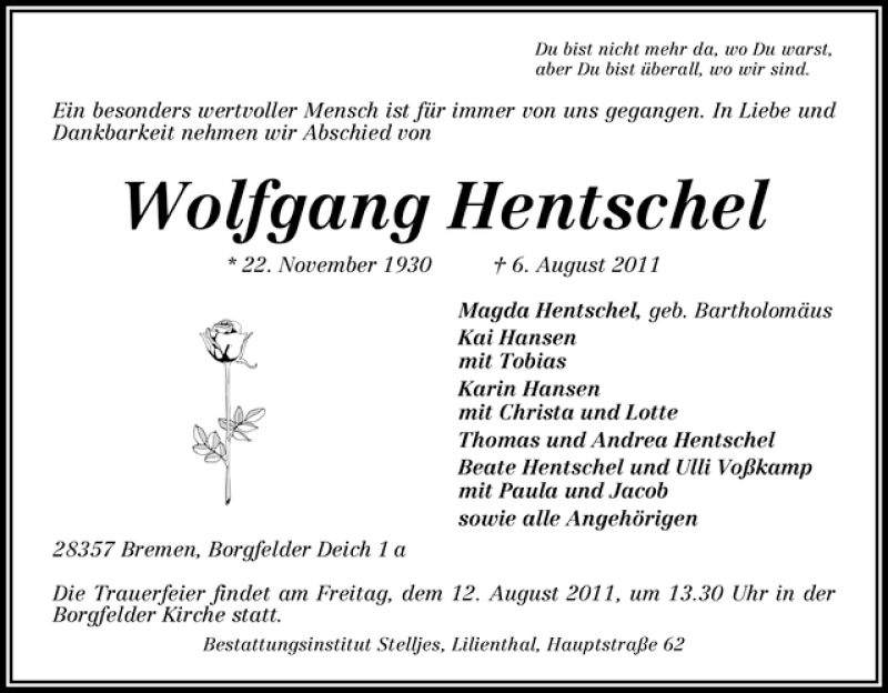  Traueranzeige für Wolfgang Hentschel vom 10.08.2011 aus WESER-KURIER