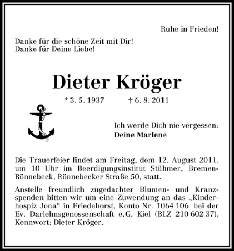  Traueranzeige für Dieter Kröger vom 10.08.2011 aus WESER-KURIER