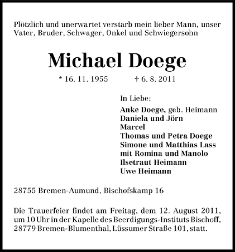  Traueranzeige für Michael Doege vom 10.08.2011 aus WESER-KURIER