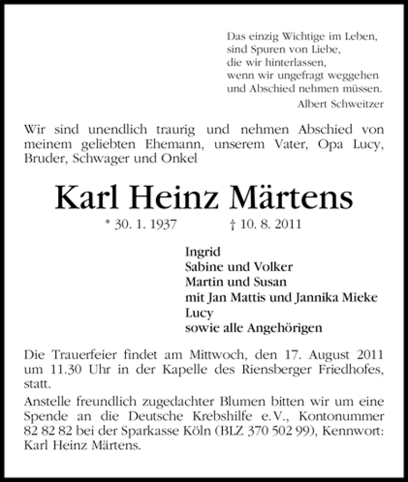  Traueranzeige für Karl Heinz Märtens vom 13.08.2011 aus WESER-KURIER