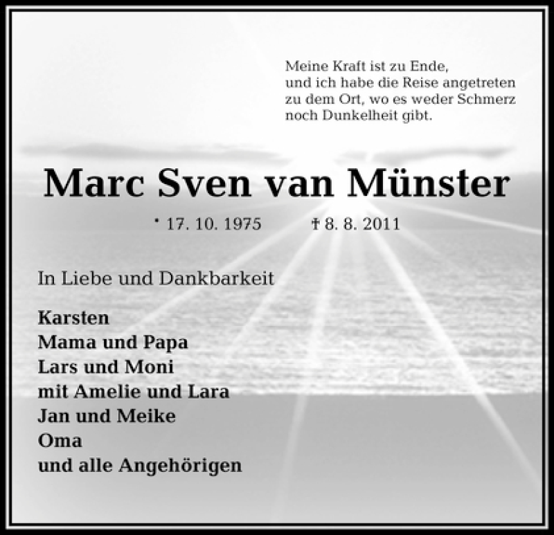 Traueranzeige für Marc Sven van Münster vom 13.08.2011 aus WESER-KURIER