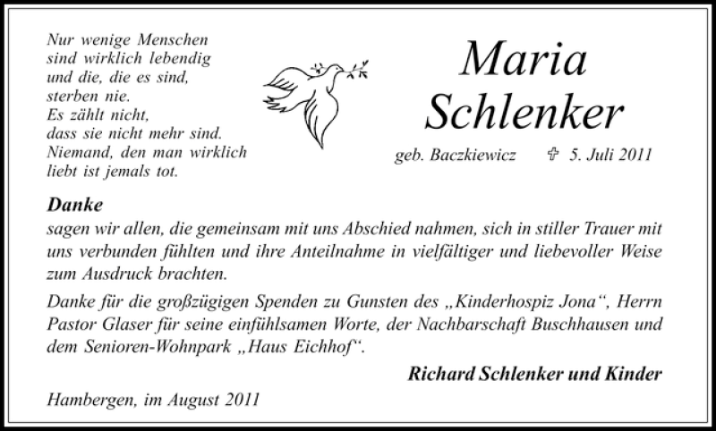  Traueranzeige für Maria Schlenker vom 13.08.2011 aus WESER-KURIER