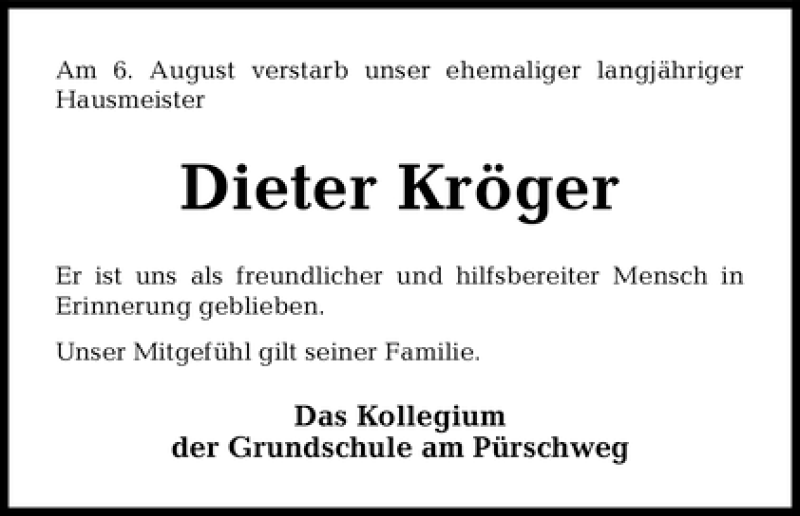  Traueranzeige für Dieter Kröger vom 17.08.2011 aus WESER-KURIER