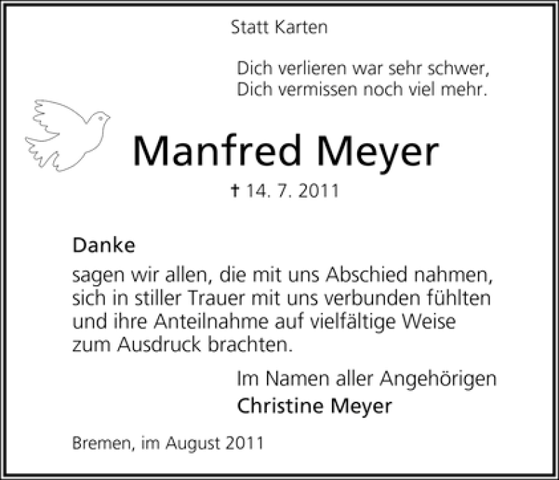 Traueranzeige von Manfred Meyer von WESER-KURIER