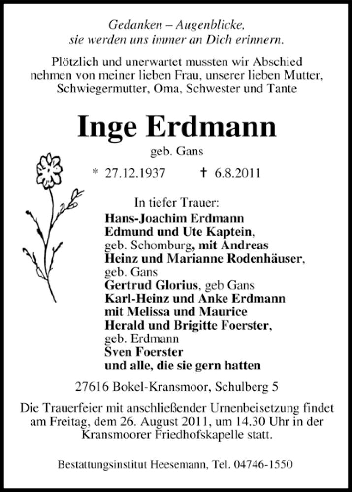 Traueranzeige für Inge Erdmann vom 17.08.2011 aus WESER-KURIER