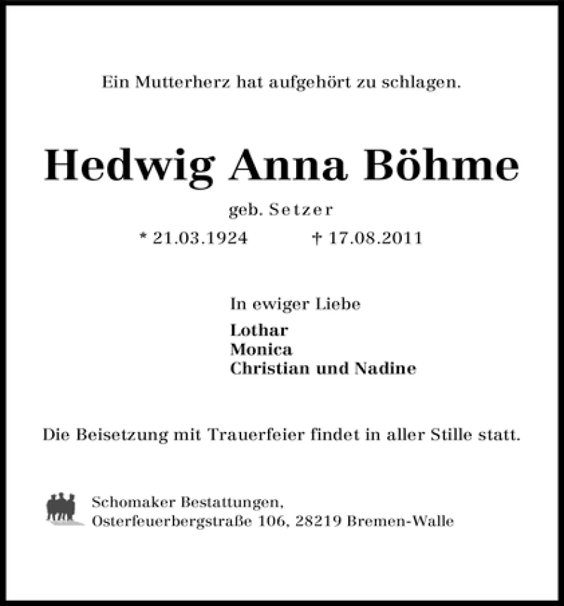  Traueranzeige für Hedwig Anna Böhme vom 19.08.2011 aus WESER-KURIER