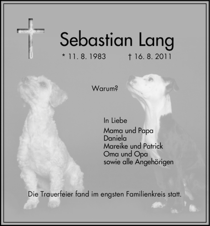  Traueranzeige für Sebastian Lang vom 24.08.2011 aus WESER-KURIER