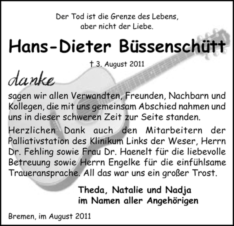  Traueranzeige für Hans-Dieter Büssenschütt vom 27.08.2011 aus WESER-KURIER