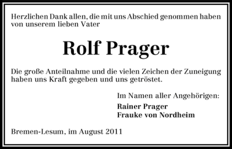  Traueranzeige für Rolf Prager vom 27.08.2011 aus WESER-KURIER