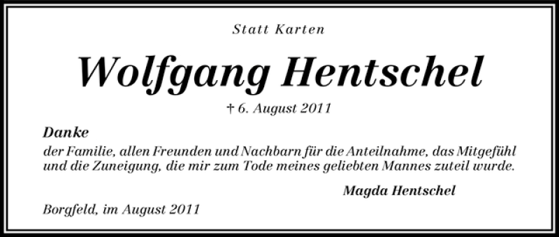  Traueranzeige für Wolfgang Hentschel vom 27.08.2011 aus WESER-KURIER
