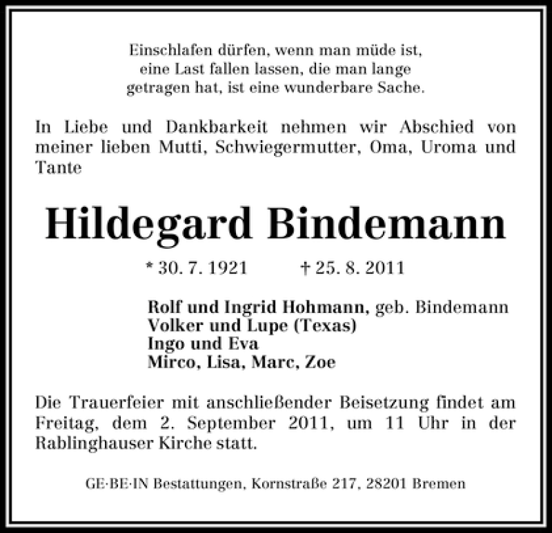 Traueranzeige von Hildegard Bindemann von WESER-KURIER