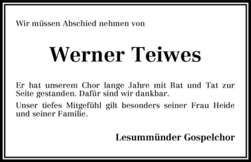 Traueranzeige von Werner Teiwes von WESER-KURIER