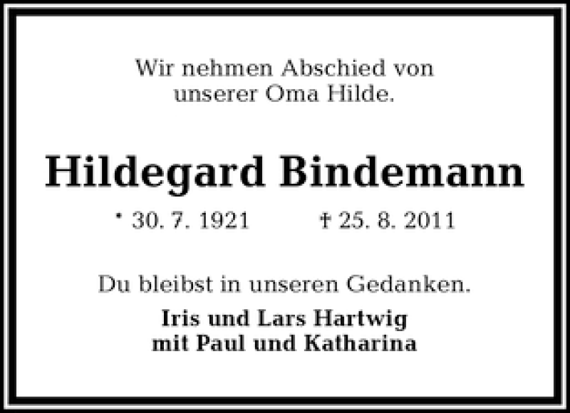 Traueranzeige von Hildegard Bindemann von WESER-KURIER