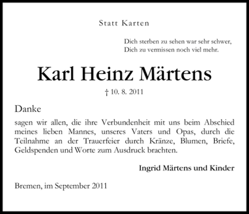 Traueranzeige von Karl Heinz Märtens von WESER-KURIER