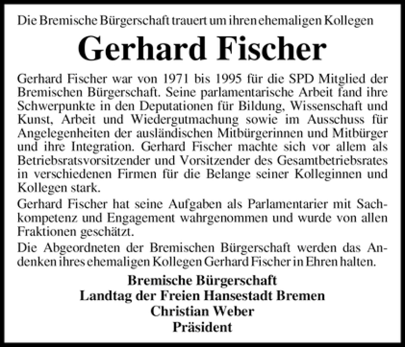 Traueranzeige von Gerhard Fischer von WESER-KURIER
