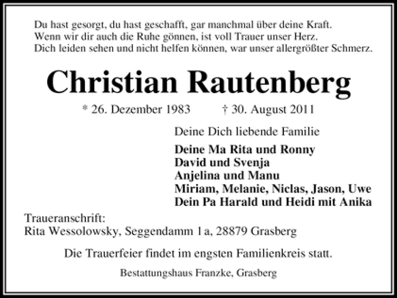  Traueranzeige für Christian Rautenberg vom 03.09.2011 aus WESER-KURIER