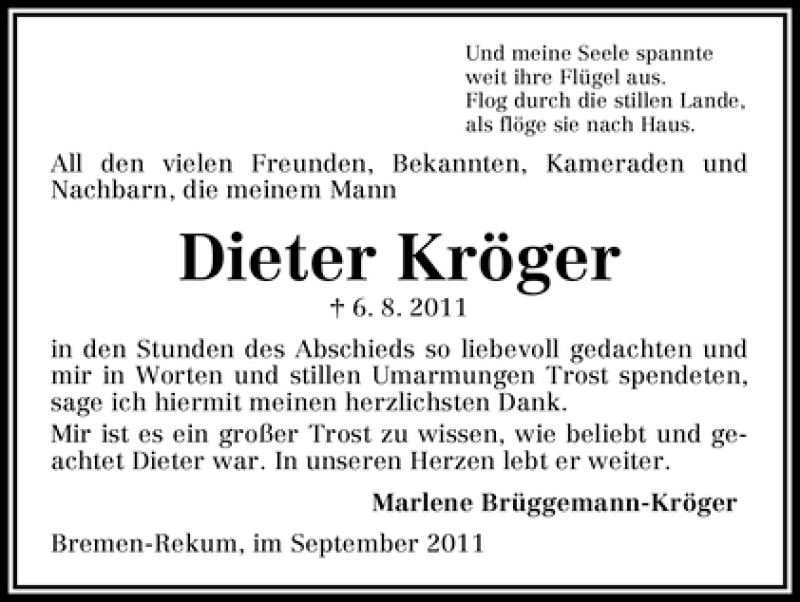  Traueranzeige für Dieter Kröger vom 03.09.2011 aus WESER-KURIER