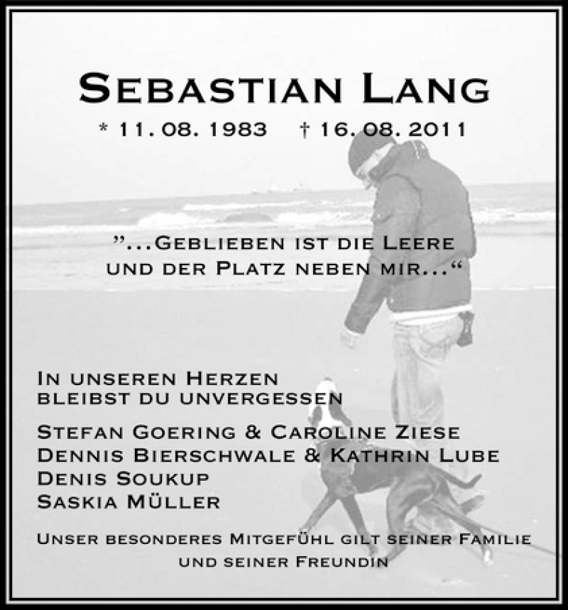  Traueranzeige für Sebastian Lang vom 05.09.2011 aus WESER-KURIER