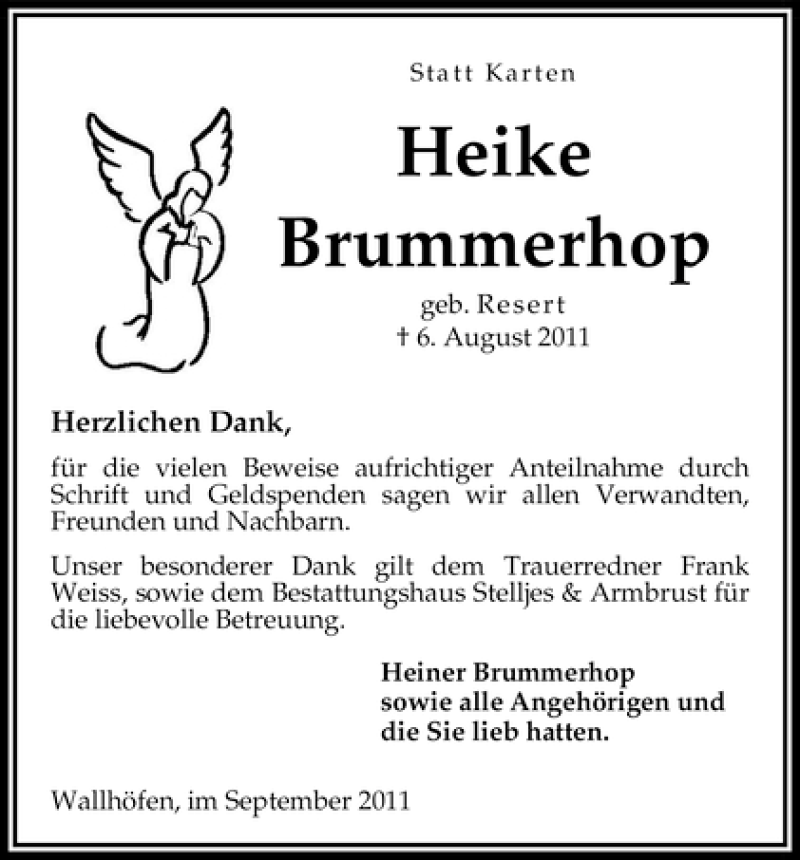  Traueranzeige für Heike Brummerhop vom 10.09.2011 aus WESER-KURIER