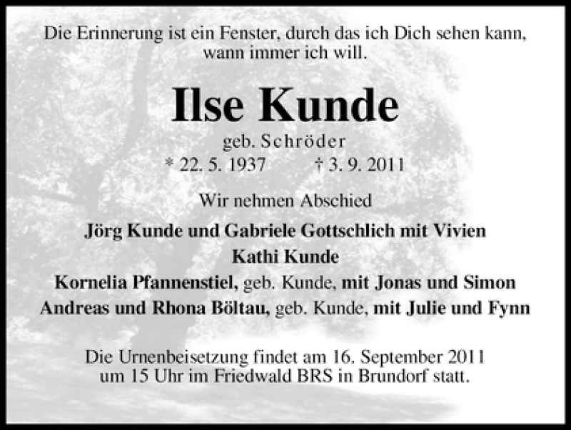  Traueranzeige für Ilse Kunde vom 13.09.2011 aus WESER-KURIER