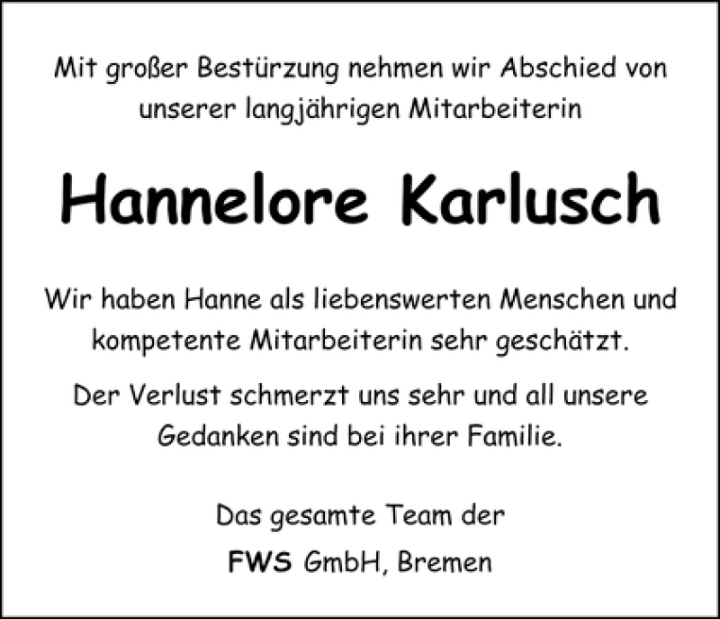 Traueranzeige für Hannelore Karlusch vom 17.09.2011 aus WESER-KURIER