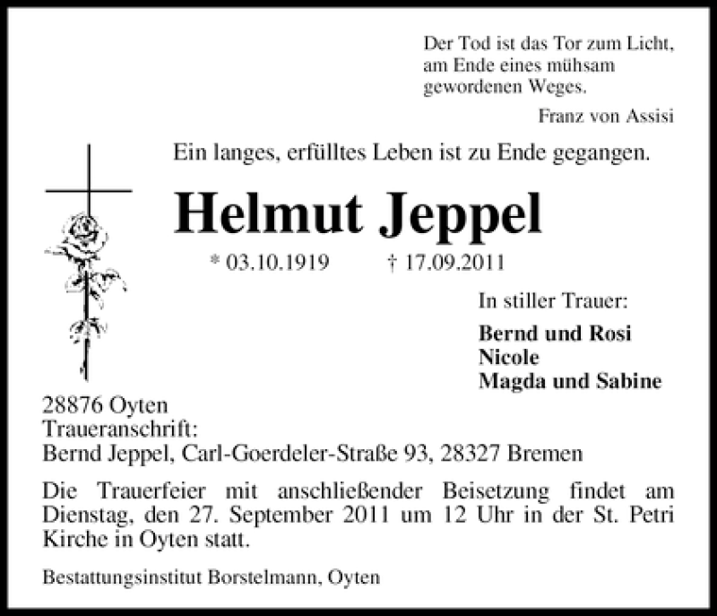 Traueranzeige von Helmut Jeppel von WESER-KURIER