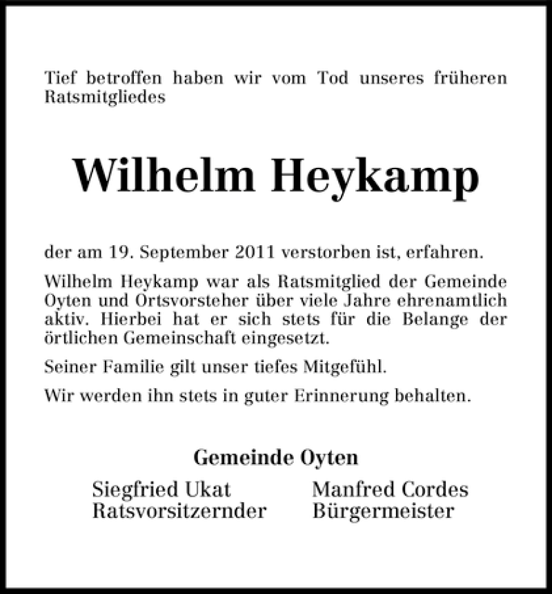  Traueranzeige für Wilhelm Heykamp vom 22.09.2011 aus WESER-KURIER
