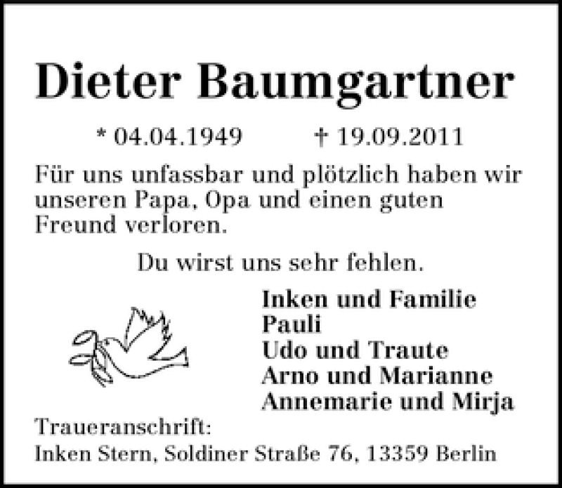  Traueranzeige für Dieter Baumgartner vom 24.09.2011 aus WESER-KURIER