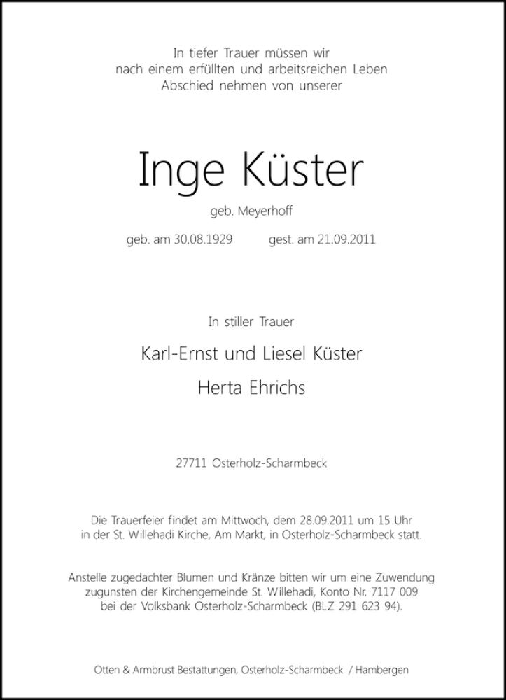  Traueranzeige für Inge Küster vom 23.09.2011 aus WESER-KURIER