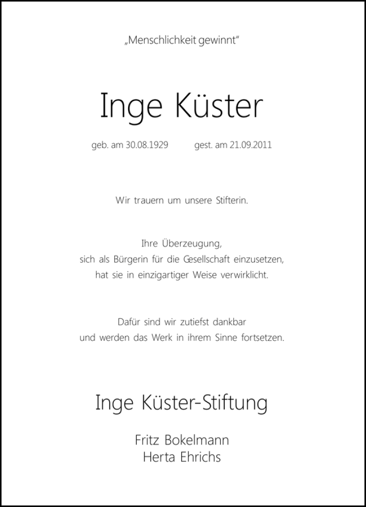  Traueranzeige für Inge Küster vom 23.09.2011 aus WESER-KURIER