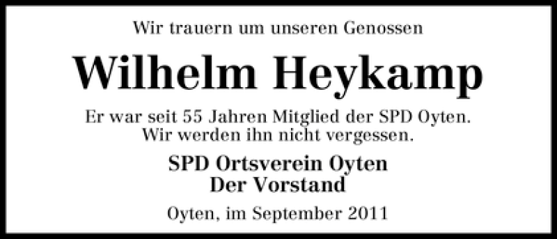  Traueranzeige für Wilhelm Heykamp vom 24.09.2011 aus WESER-KURIER