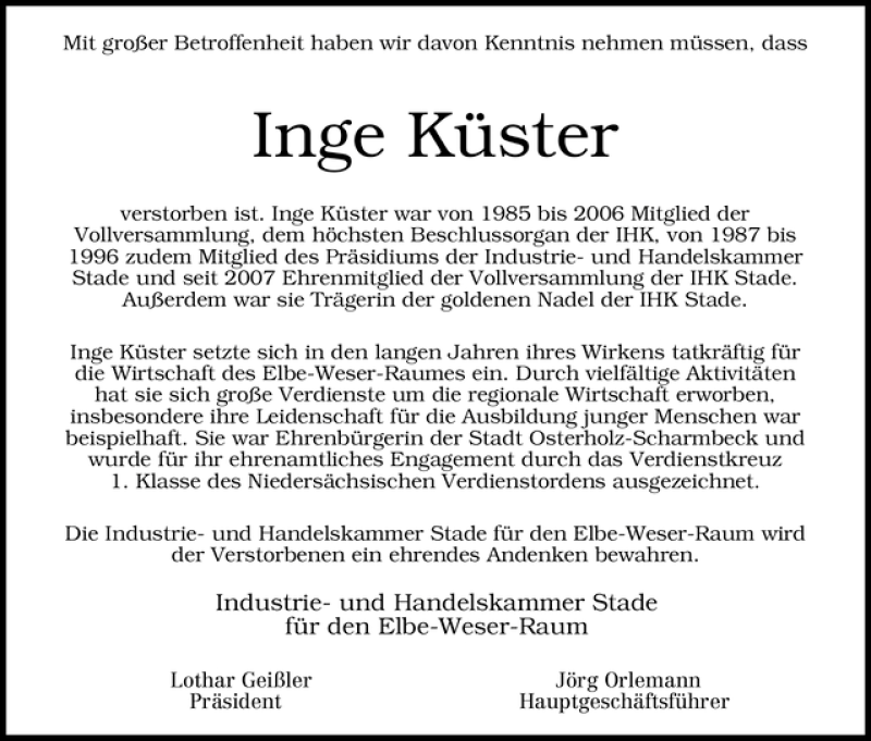 Traueranzeige für Inge Küster vom 24.09.2011 aus WESER-KURIER