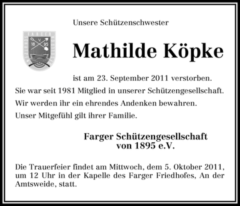  Traueranzeige für Mathilda Köpke vom 30.09.2011 aus WESER-KURIER