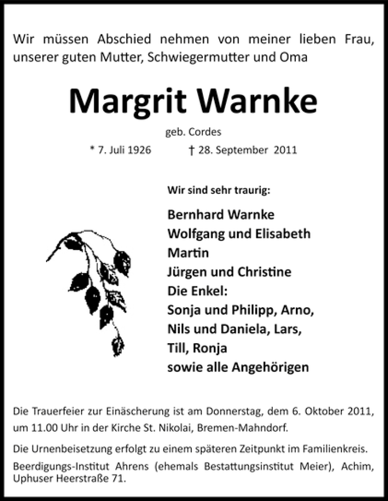  Traueranzeige für Margrit Warnke vom 30.09.2011 aus WESER-KURIER