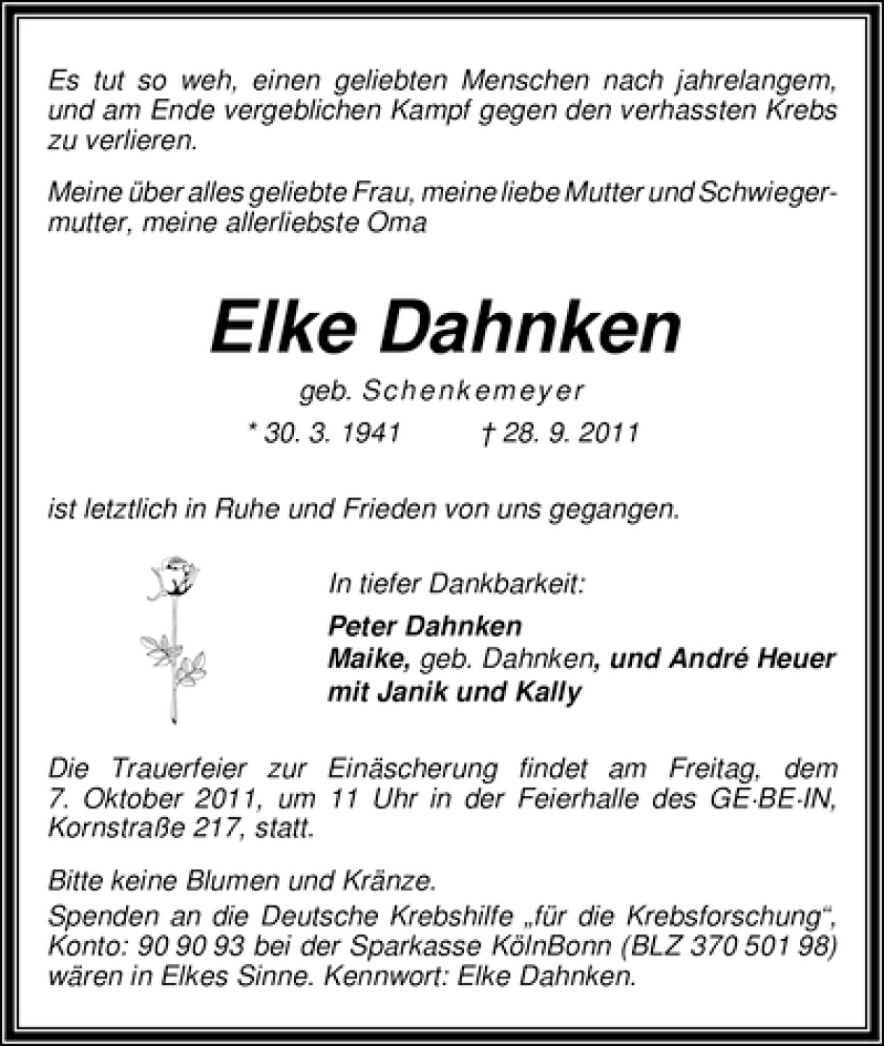  Traueranzeige für Elke Dahnken vom 01.10.2011 aus WESER-KURIER