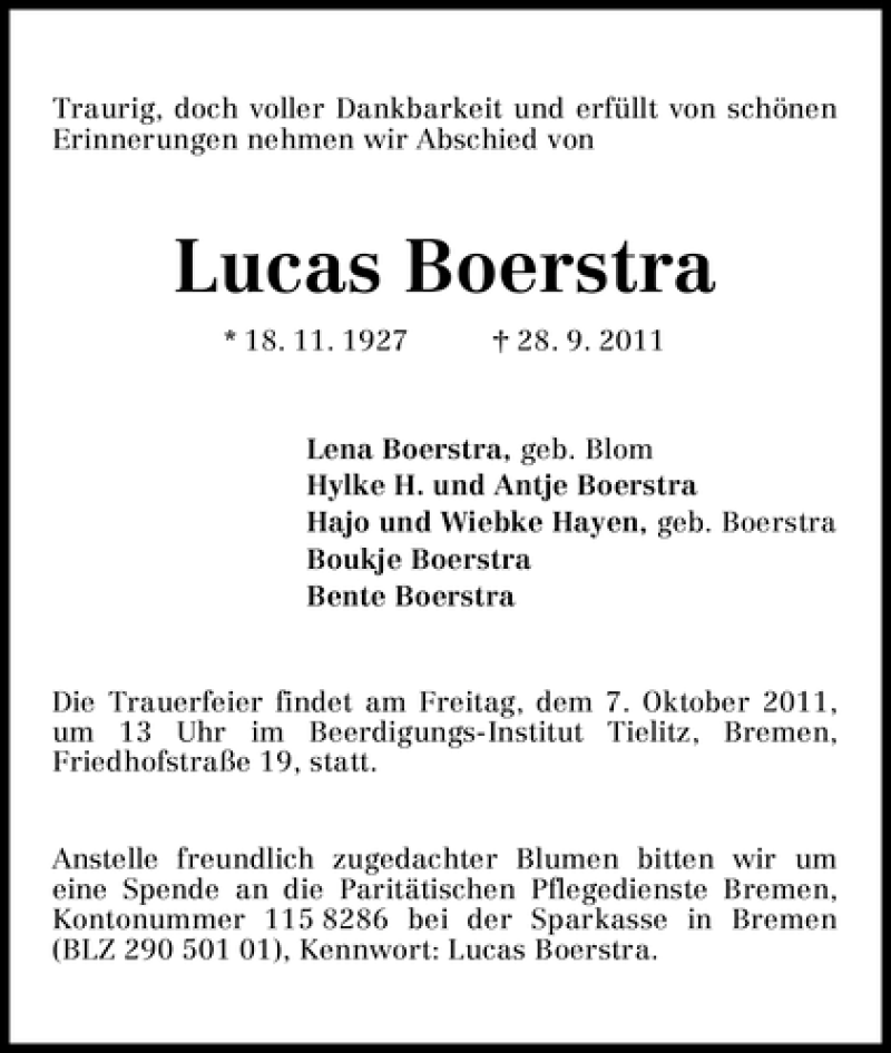  Traueranzeige für Lucas Boerstra vom 01.10.2011 aus WESER-KURIER