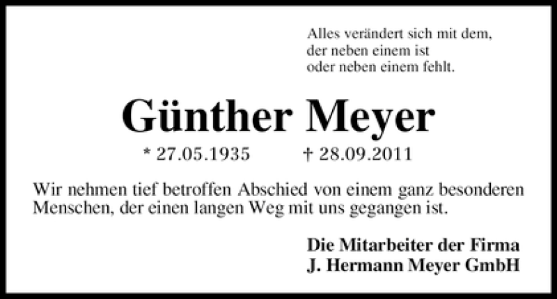  Traueranzeige für Günther Meyer vom 01.10.2011 aus WESER-KURIER