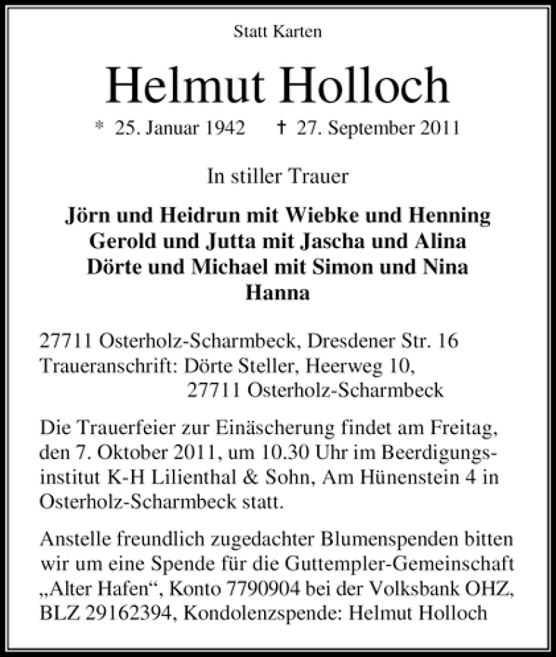 Traueranzeige von Helmut Holloch von WESER-KURIER