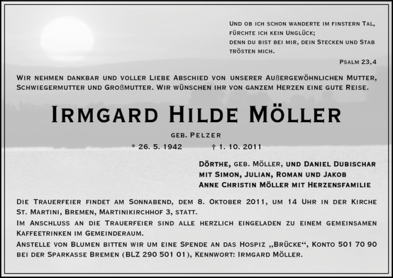 Traueranzeige von Irmgard Hilde Möller von WESER-KURIER